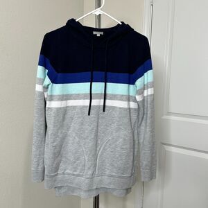 T by Talbots Hooded Sweater Womens Small Colorblock Stripe Knit Hoodie Blue Gray